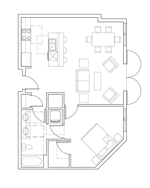 Floor plan for 1 bed, 1 bath, 807 sqft